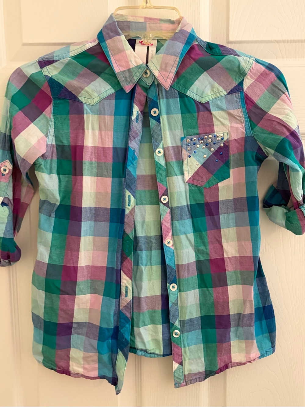 Justice Plaid Button-Down Shirt in Teal, Purple & Pink